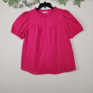 Glamaker Women's Size M Hot Pink Eyelet Cotton Short Sleeve Boho Top Blouse